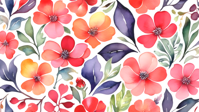 Beautiful colorful flowers and leaves flower pattern background Floral pattern illustration isolated on transparent background
