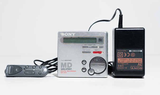 kent, uk 01.01.2024 A Sony MZ R70 portable minidisc player Recorder with ac power and control unit. vintage retro portable obsolete technology. japanese music tech.