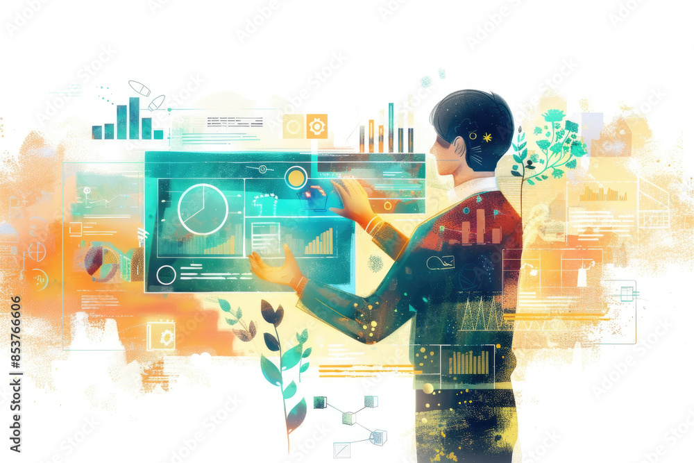 Poster a businessperson stands in front of a large, transparent screen displaying data visualizations, grap