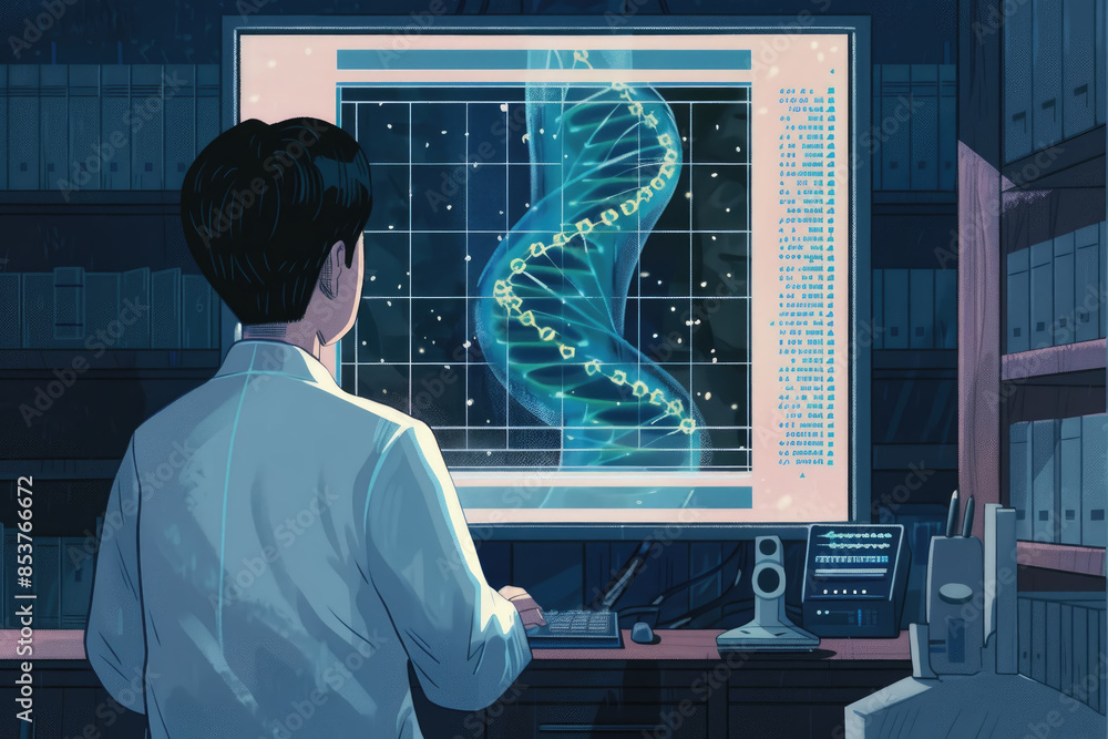 Poster a scientist, illuminated by the glow of their computer screen, studies a digital model of a dna heli