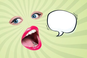Collage creative illustration open speak 
 mouth communication