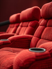 Fototapeta premium Red plush theater seats with armrests in an empty cinema.