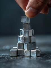 Hand stacking small metal cubes into a pyramid structure.