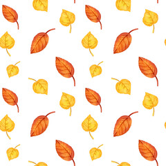 Obraz premium watercolor seamless pattern of autumn forest leaves, hand drawn illustration of yellow and orange forest leaves, green and brown different leaves, sketch isolated on white background