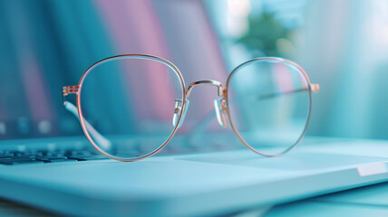 Glasses on a laptop keyboard in an office setting