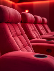 Obraz premium Close-up of luxurious, plush, red cinema seats in a modern theater.