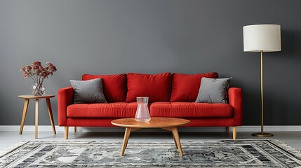 A simple living room with gray walls and a light red sofa, a carpet on the floor, a coffee table in front of the sofa. Lamp stand next to sofa A vase of flowers is placed near the side table. Simple