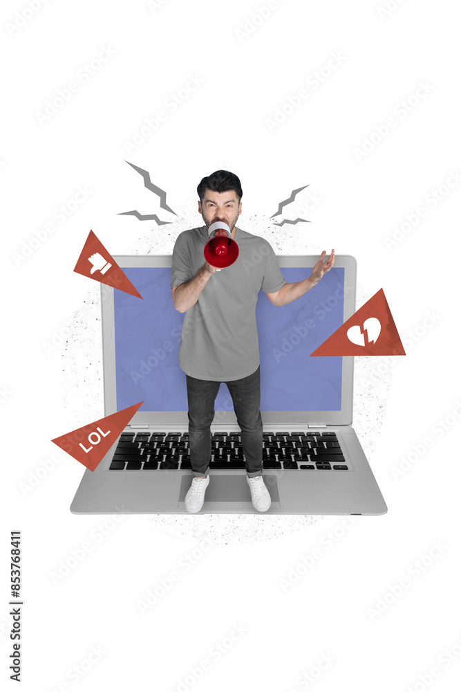 Sticker Collage photo of young guy student impressed screaming bullhorn laptop user dislikes from boss bad work isolated on grey color background