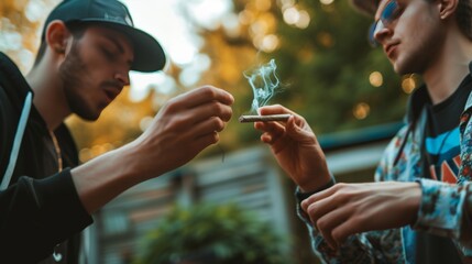 Naklejka premium A group of young people smoke cannabis together with smoke