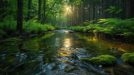 A tranquil river winding through a dense, ancient forest where sunlight filters through the canopy, illuminating fern-covered ground. This serene landscape exemplifies the untouched beauty of