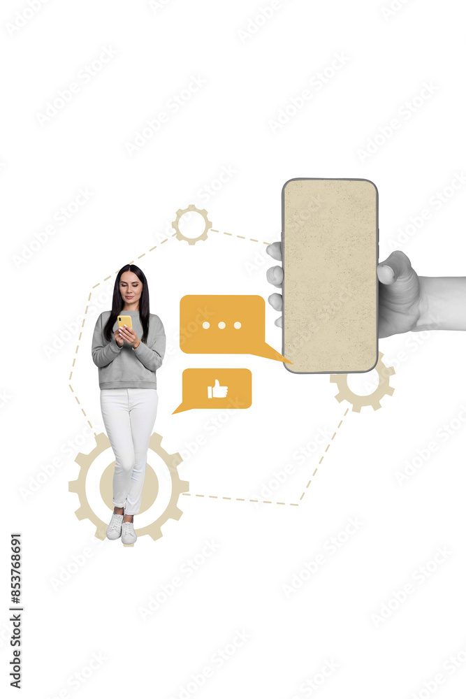Aufkleber collage vertical image of popular blogger use phone hand hold modern gadget send thumb up reaction i