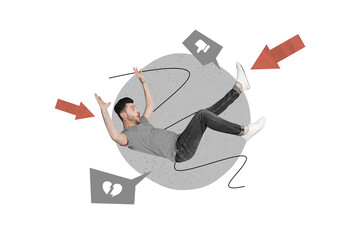 Composite collage image of scared man falling down thumb down social media message notification broken heart icon negative feedback