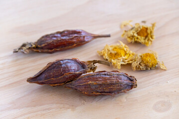 Dried Gardenia fruit, purple-brown color, hard fruit, is a popular medicinal plant, boiled with...