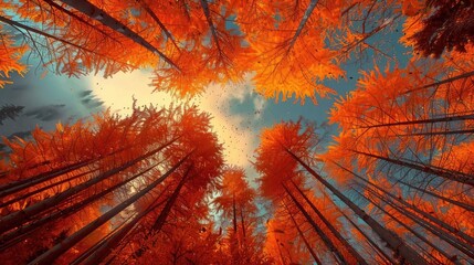 Beautiful upward view of autumn trees with orange leaves against a blue sky. Nature, fall, tranquil forest scene, ideal for backgrounds or wallpapers.