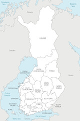 Fototapeta premium Vector map of Finland with regions or counties and administrative divisions, and neighbouring countries. Editable and clearly labeled layers.