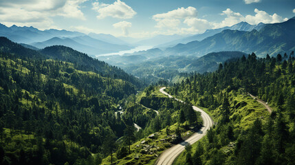 Aerial View Of The Rainforest And Winding River and Pathway With Mountains Landscape Background
