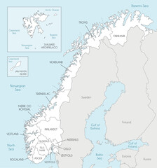 Fototapeta premium Vector regional map of Norway with counties and territories, and neighbouring countries. Editable and clearly labeled layers.