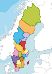 Vector illustrated regional blank map of Sweden with counties and administrative divisions, and neighbouring countries. Editable and clearly labeled layers.