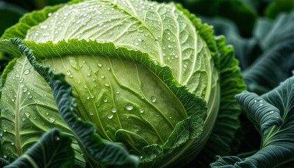 Obraz premium Wet cabbage. White cabbage. A head of cabbage in drops of water. Vegetables in the rain close-up