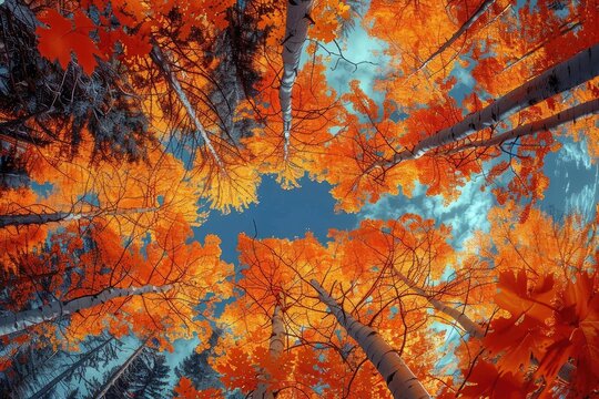 Vibrant autumn forest with orange foliage, looking up from the forest floor towards the blue sky. Captivating fall scenery.