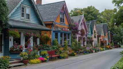 A picturesque main street lined with quaint shops and cozy cafes, adorned with vibrant flower boxes under a clear blue sky. The charm of the small town is evident in the well-preserved historic