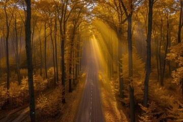 Beautiful autumn forest road with golden foliage and sunlight rays creating a magical, serene atmosphere. Ideal for nature and travel themes.