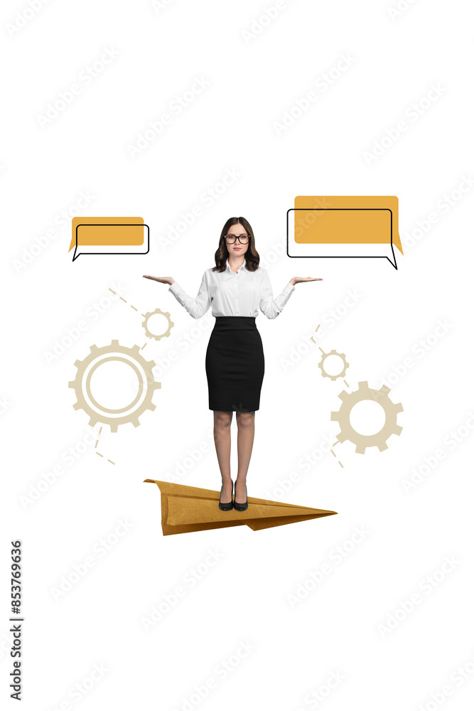 Wall mural Collage 3d sketch of successful confident woman presenting copyspce textbox stand fly air plane isolated on beige color drawing background