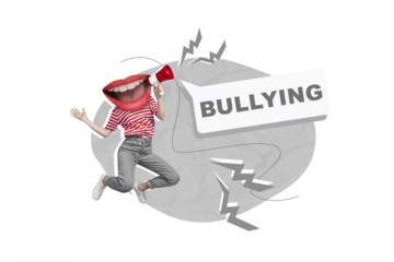 Creative photo 3d collage artwork postcard poster picture of weird person hold bullhorn mouth instead head isolated on painting background