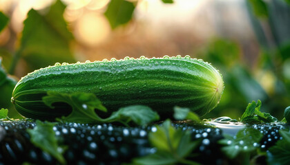 Wet cucumber. Fresh cucumber. Fresh green cucumber in drops of water. Vegetables in the rain close-up