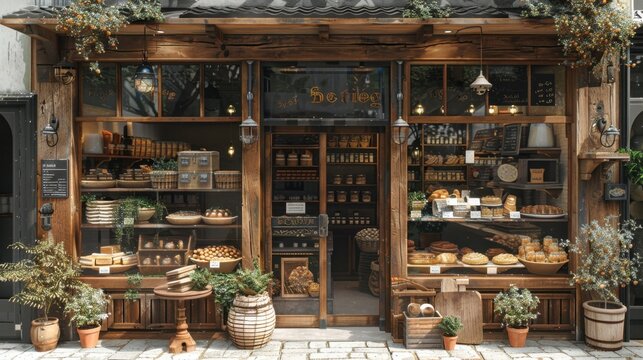 A charming small-town bakery with a welcoming exterior, complete with an old-fashioned sign and window displays showcasing freshly baked goods. The ambiance is warm and inviting, with potted plants