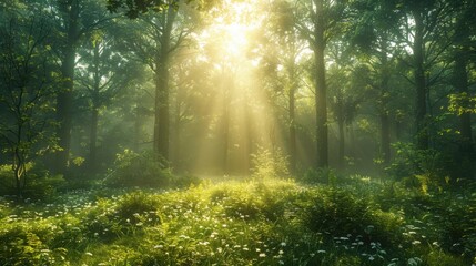 Obraz premium A lush green forest bathed in golden sunlight, showcasing a diverse ecosystem of towering trees and vibrant underbrush. The scene exudes tranquility and balance, emphasizing the harmony between