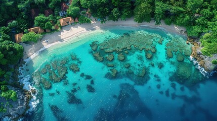 Obraz premium An aerial view of a pristine coastline where turquoise waters meet sandy shores, bordered by a thriving coral reef visible through the crystal-clear water. This image captures the beauty and