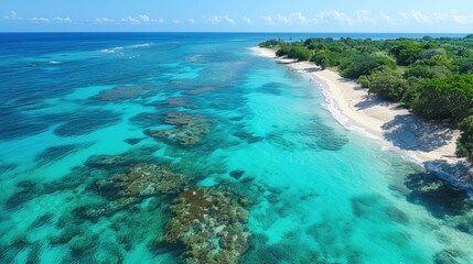 Obraz premium An aerial view of a pristine coastline where turquoise waters meet sandy shores, bordered by a thriving coral reef visible through the crystal-clear water. This image captures the beauty and