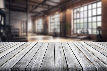 Empty wooden table top on Exercise room background