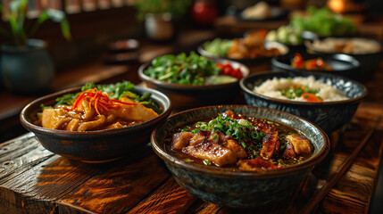 Fototapeta premium Delicious Array of Classic Dishes Chinese New Year Decoration On Blurry Background