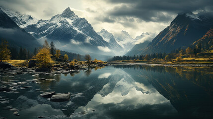 A Beautiful Landscape Of Mountain Ranges Reflected In The Water Lake Background