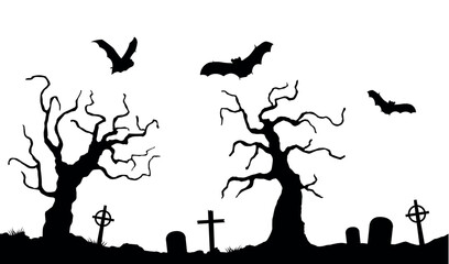 Scar haloween vector seamless landscape silhouette with a graveyard and flying bats in full moon on transparent background