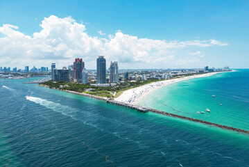 Miami Beach, South Beach, Florida, USA. Miami seaside. Aerial view of Miami Beach and cityscape. Coastline of Miami Beach shot from the air drone.