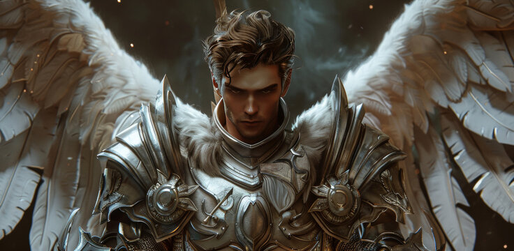 Close-up portrait of a male angel warrior with armor