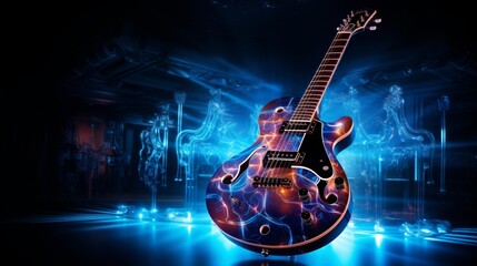 Electric guitar illuminated by blue neon lights and laser beams in a futuristic setting
