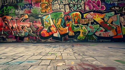 Fototapeta premium A graffiti wall with vibrant colors and bold lettering, showcasing the art of street style urban graffiti. The background is an empty concrete floor, perfect for adding text or photographs. A photo