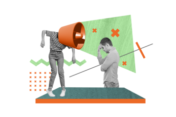 Creative banner poster collage design of folded hands confident stressed man watching computer propaganda isolated on green background