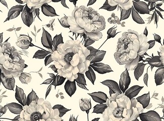 Line illustration of an exotic garden full of beautiful flowers, leaves and plants on a white background in monochrome style,