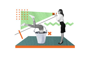 Angry furious business lady collage hold loudspeaker screaming hiding employer metal bucket stop...