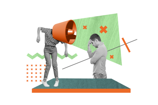 Creative banner poster collage design of folded hands confident stressed man watching computer propaganda isolated on green background