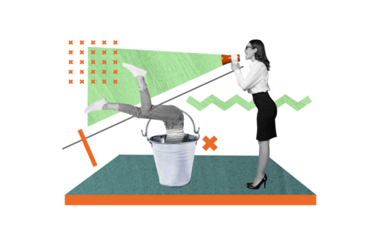 Angry furious business lady collage hold loudspeaker screaming hiding employer metal bucket stop bullying isolated on yellow background