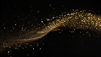 A single trail of sparkling gold glitter on a black background, with the trail transforming into an elegant and graceful curve that conveys movement and fluidity. The particles in each grain sparkle 
