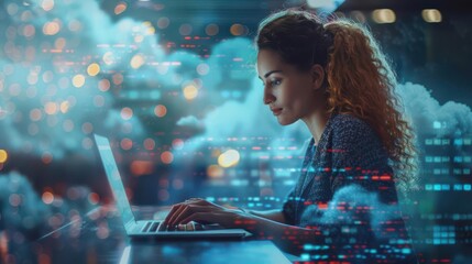 Businesswoman typing on a laptop in a high tech office, with floating cloud visuals and data streams