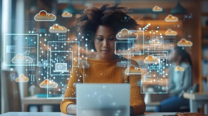 Woman in a stylish office setting, interacting with her laptop, while digital cloud icons and data lines float around her