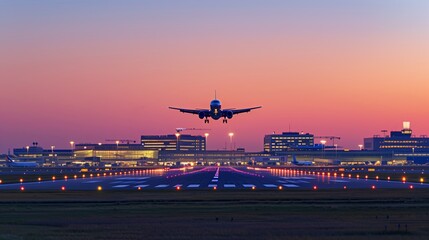 Fototapeta premium Airplane landing runway dusk colorful sunset sky airport buildings illuminated wheels lights atmospheric mood